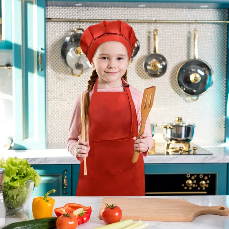 SUNLAND Kids Apron And Hat Set Children Chef Apron For Cooking Baking Painting (Red, S) - Image 4